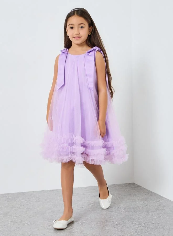 تايك تو فستان سهرة بناتي شبكي بحافة مكشكشة وفيونكة